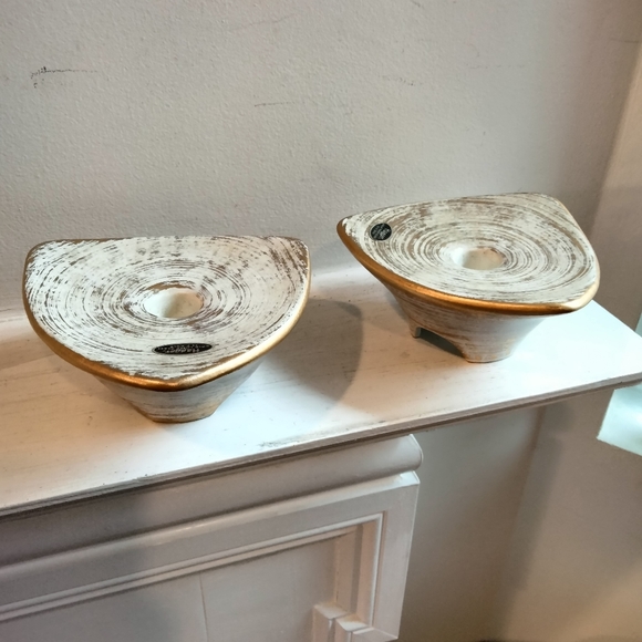 2 vintage Haeger Gold Tweed 22K gold glaze candlestick holders